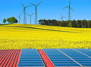 Rapeseed field with solar system in front and wind turbines in the background | BEA-APP - a project of Interreg Baltic Sea Region (photo Anyaivanova/Shutterstock)