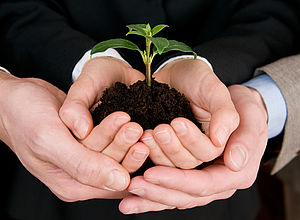 Two people's hands jointly holding a pile of soil with a small plant growing from it | INBETS BSR - a project of Interreg Baltic Sea Region (photo: Panthermedia/ridofranz)