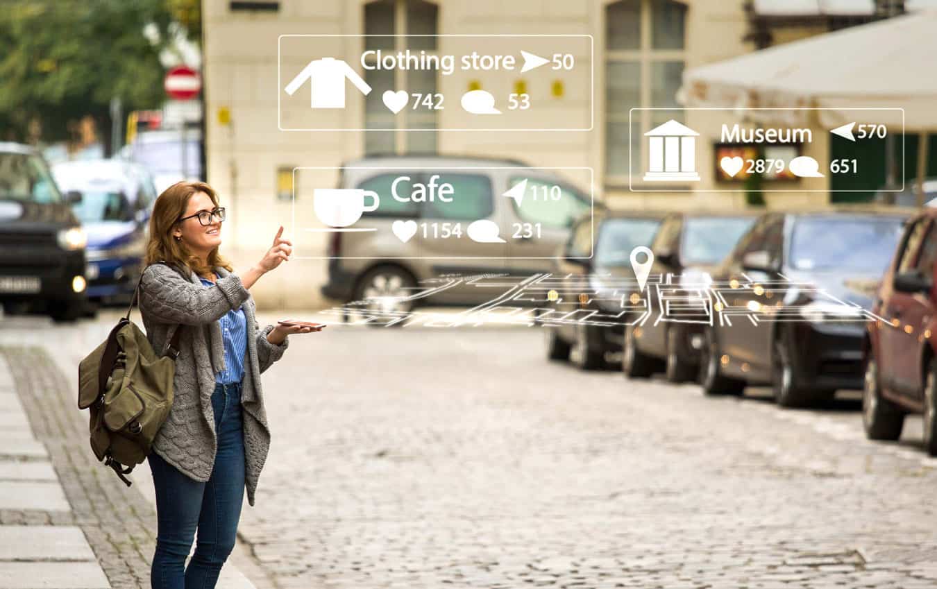 Woman in a street with her phone unlocked. White digital map with several places in front of her.