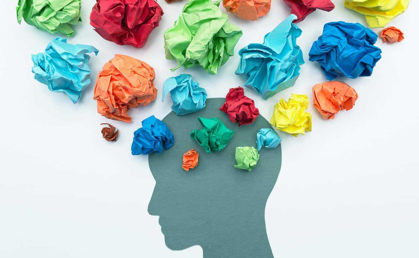 MentalHealthMatters_project-page-header Mental health image. Various emotion and mind. Waste paper and head silhouette.