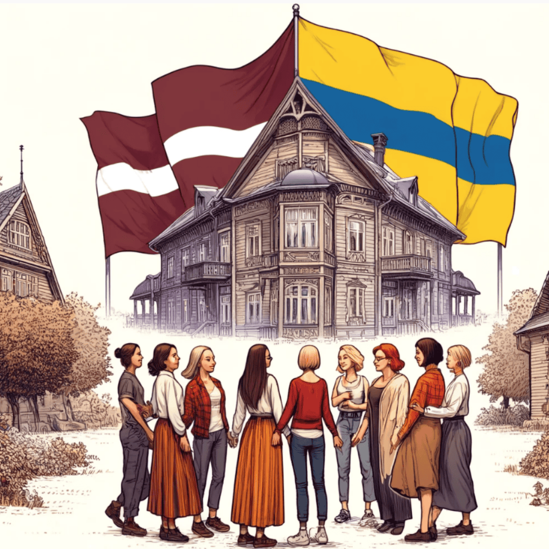 The group of refugee women talking in front of the typical Latvian building.