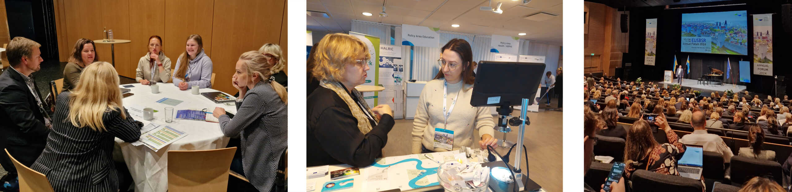 Images from the Forum hall and exhibition table with many visitors.