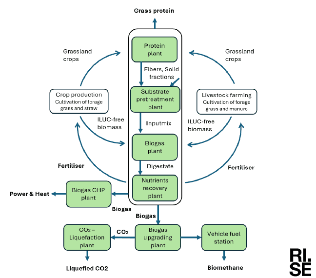 The following process scheme contains technology steps (so-called plants) as well as intermediate products and output products. Protein for animal feed, fertiliser for crop-production and forage production, biogas as energy source for heat and power production, biomethane as vehicle fuel, liquid CO2 as raw material for platform chemicals.