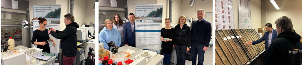 3 photos from the Latvian Institute of Aquatic Ecology: laboratory, research team members, and a display of different soil samples.