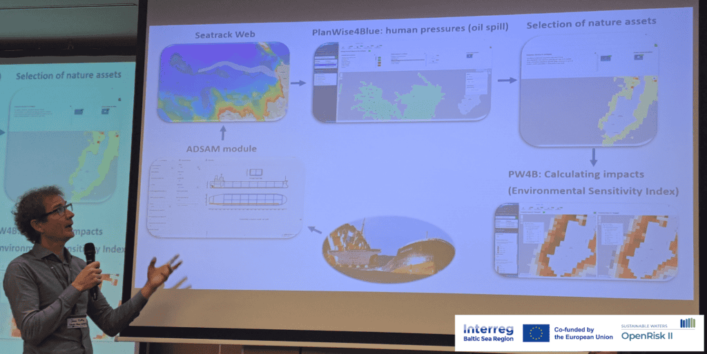 Jonne Kotta presenting the functionalities of the EcoSensitivity tool at the OpenRisk II Mid-term conference organized in Tallinn, Estonia from the 26th to 27th of March 2025.