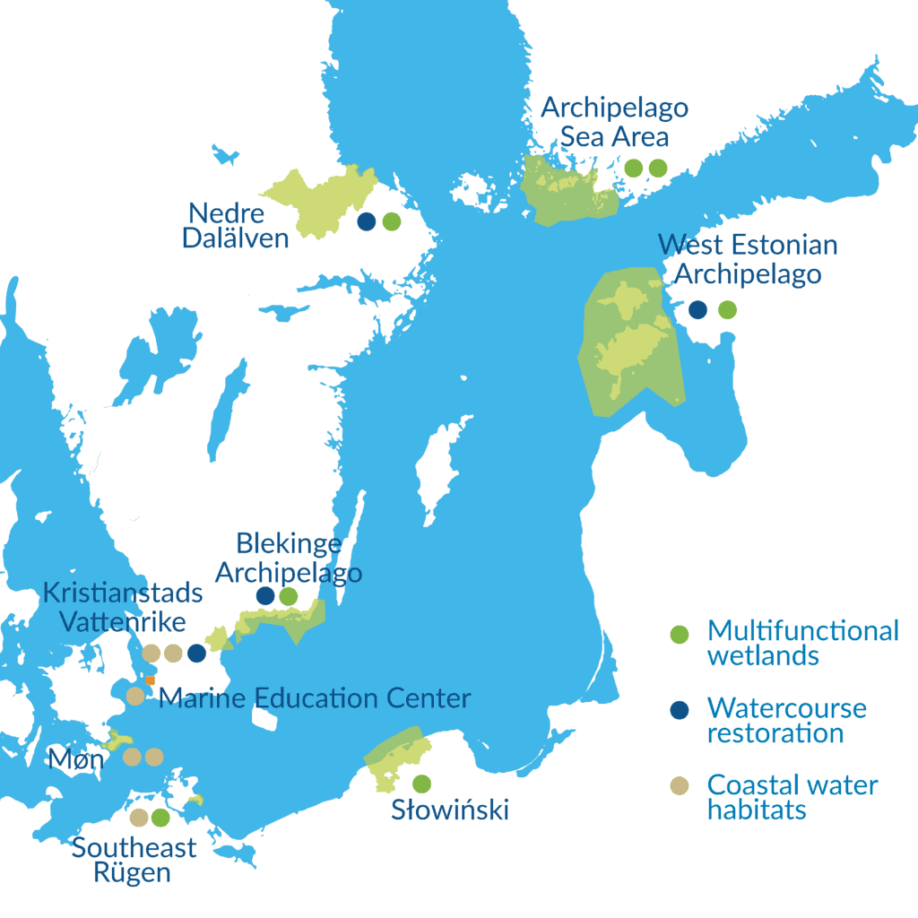 Map over the Baltic Sea with marked learning sites
