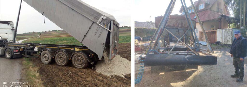 Truck unloading gypsum onto a field. Farmer standing by a gypsum pile at the front of his house.