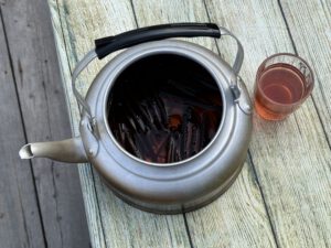 Teapot with raspberry branch tea inside