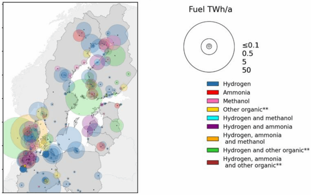 Map showing all non-cancelled projects in the Baltic Sea Region that are currently in operation or could potentially be operational by 2030. Projects without start-up year are included.
