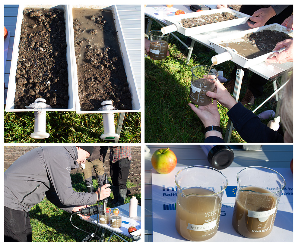 Measuring the turbidity of runoff water. After 20 minutes, the difference between runoff turbidity from gypsum-treated soil sample and control soil is clearly visible. 