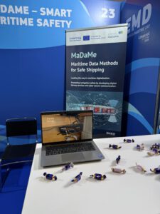 MaDaMe project exhibition booth at European Maritime Day 2026, featuring a demonstration setup and project presentation materials
