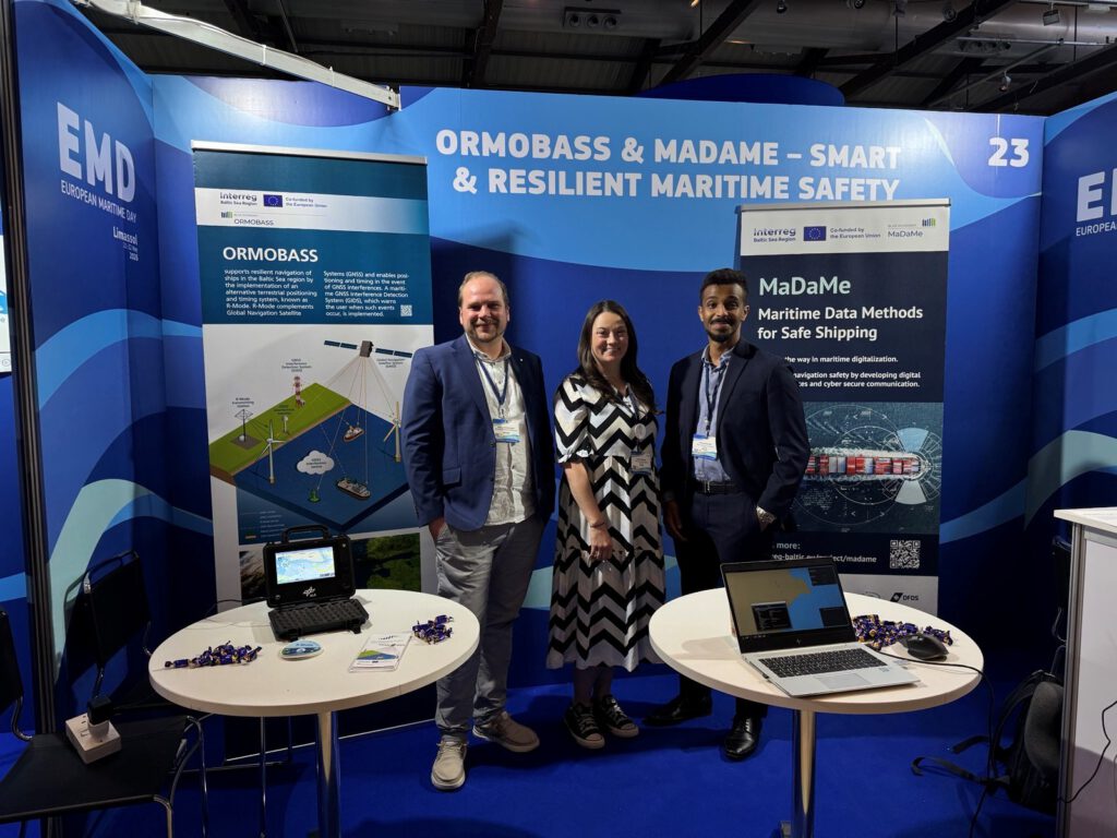 MaDaMe and ORMOBASS project representatives at a joint exhibition booth at European Maritime Day 2026, presenting maritime safety solutions