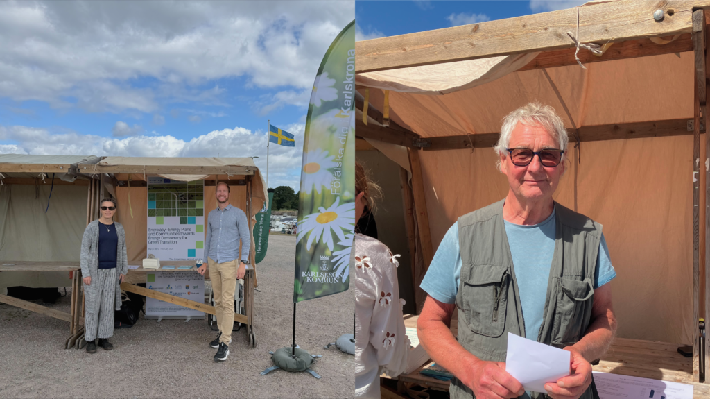 A collage of two photos showing the representatives of Karlskrona Municipality and Energy Agency Southern Sweden participating in events to engage with the public