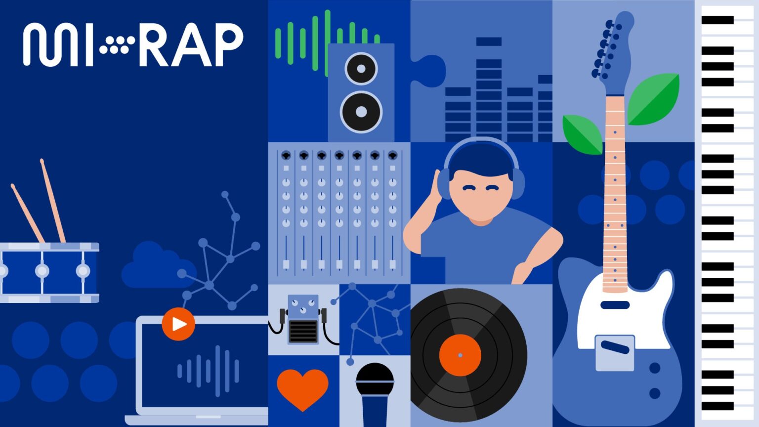 A graphic depiction of different music instruments and a DJ.